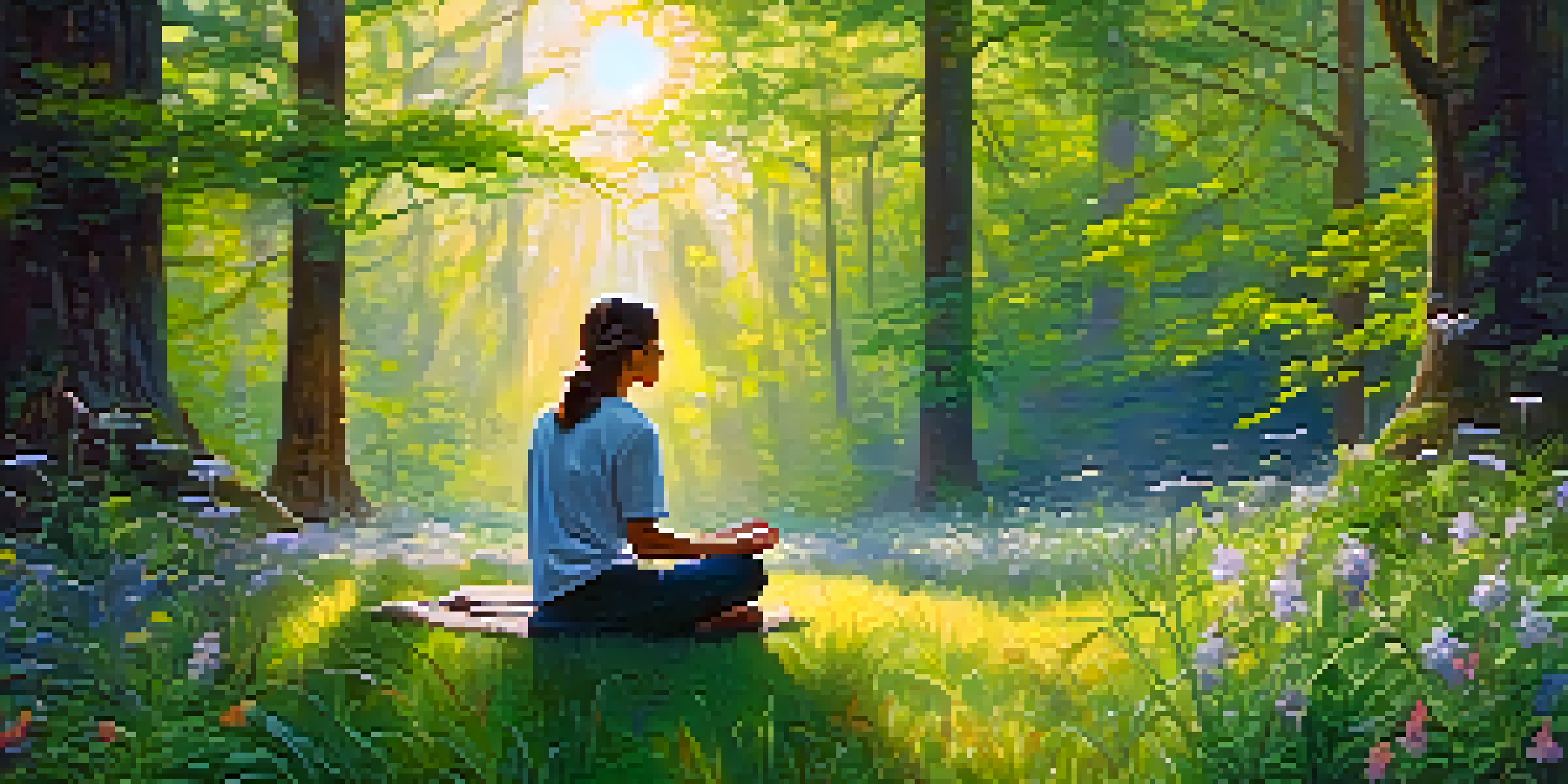 A person meditating in a tranquil forest with sunlight filtering through the leaves and colorful wildflowers around.