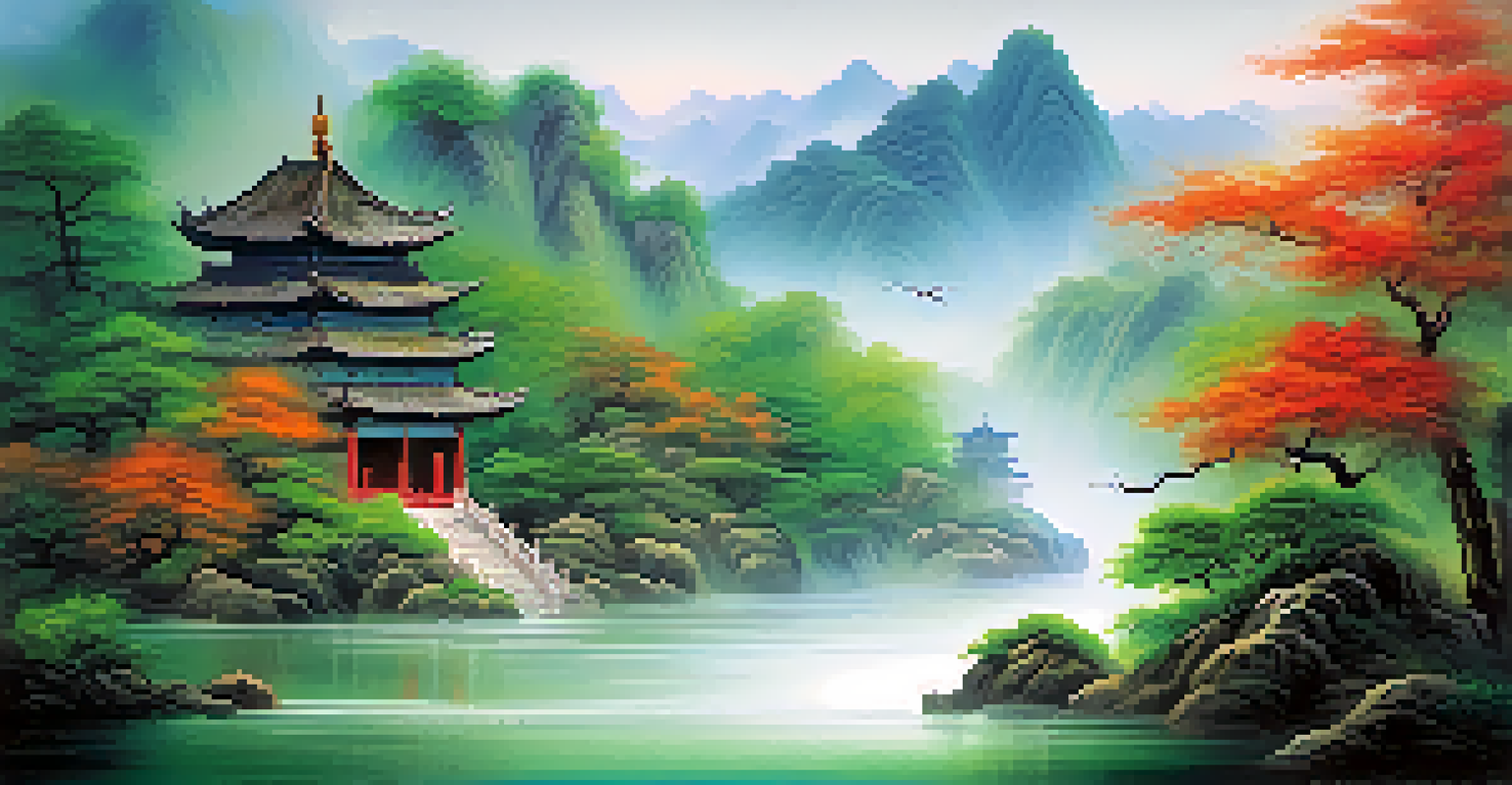 A tranquil Chinese landscape with a flowing river and a dragon, symbolizing power and change, surrounded by lush greenery.