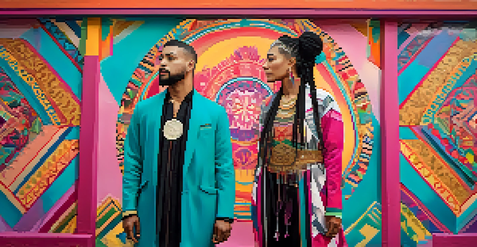 A Two-Spirit individual in front of a colorful mural celebrating gender fluidity, showcasing vibrant cultural symbols and wearing a mix of traditional and modern clothing.