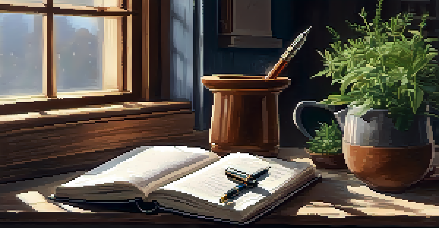 A cozy journaling setup with an open journal, fountain pen, and a cup of tea on a wooden table, surrounded by a blanket and plant.