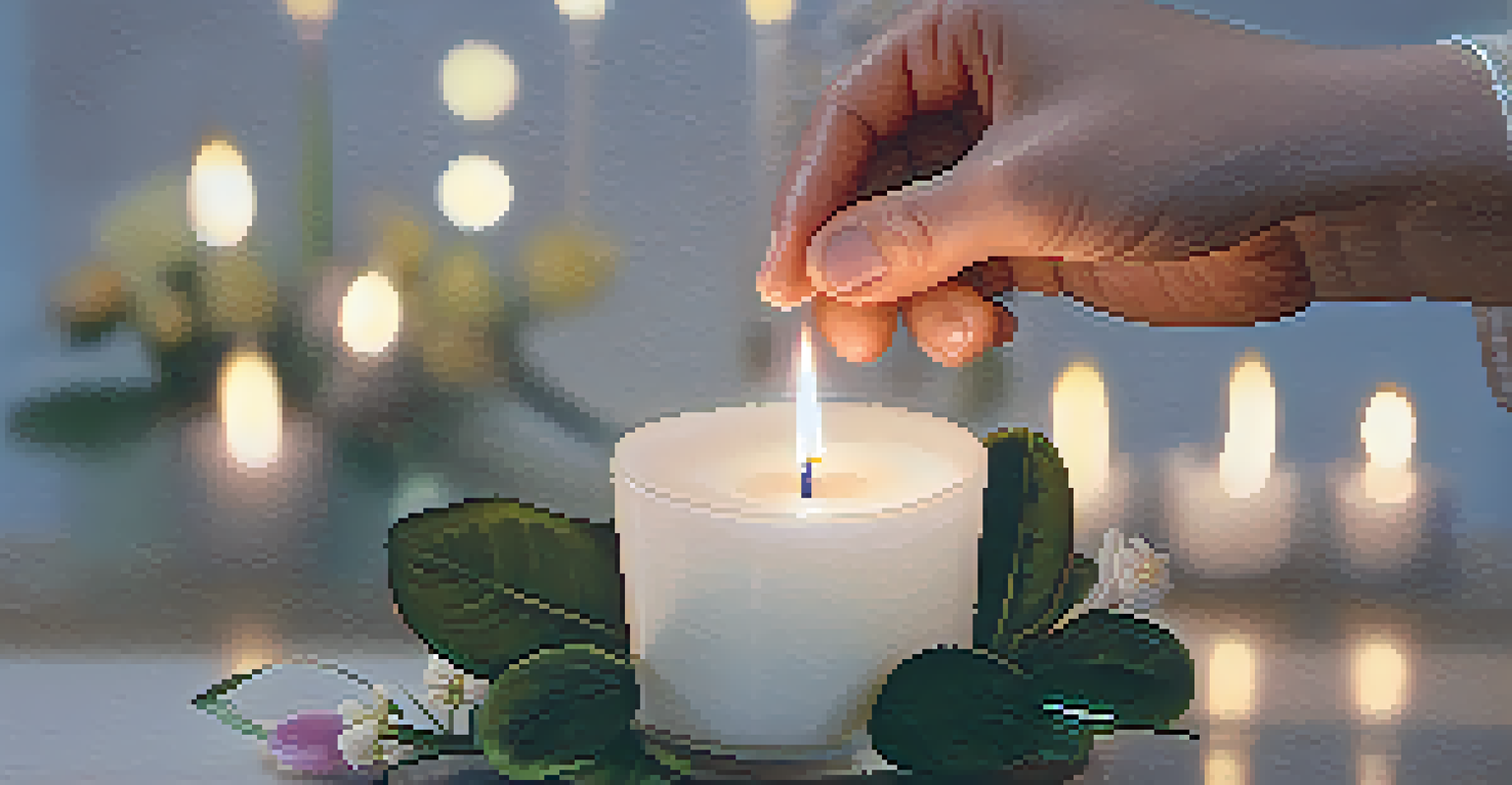 Close-up of hands lighting a candle, surrounded by flowers and personal mementos, symbolizing remembrance.