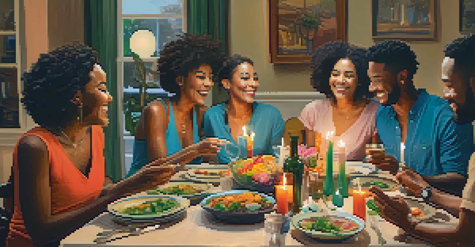 A diverse group of friends enjoying a meal together at a beautifully set dinner table.