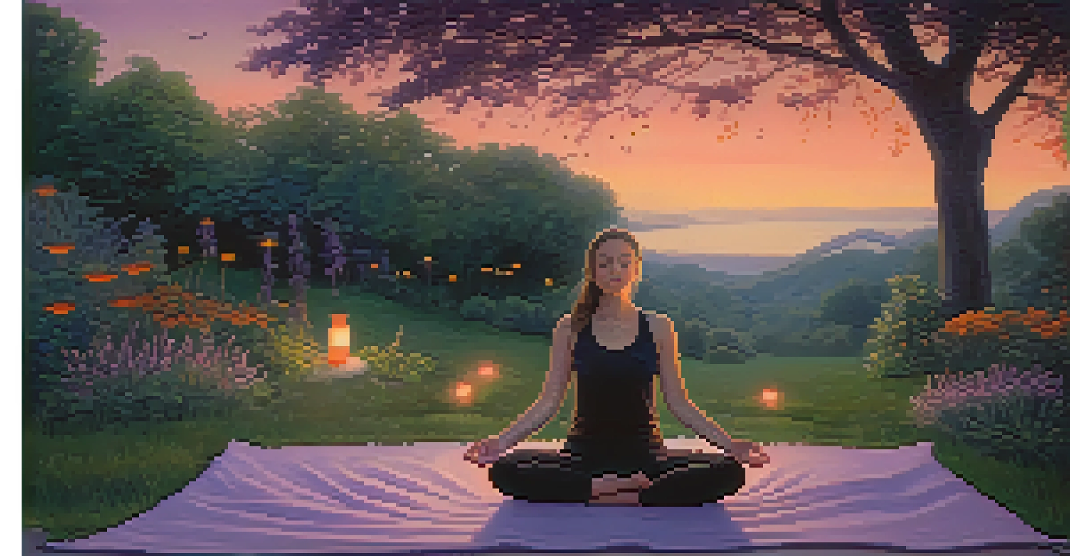 A person practicing Yoga Nidra outdoors on a blanket in a garden at dusk, surrounded by soft colors and fireflies.