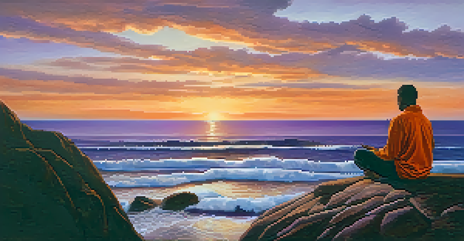 A person meditating on a cliff overlooking a calm ocean at sunset, symbolizing self-forgiveness and inner peace.