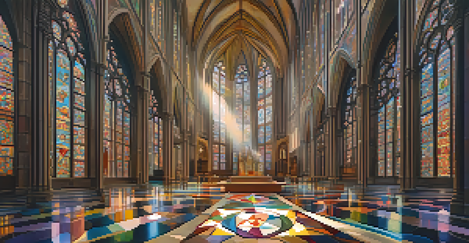 The interior of a cathedral with high ceilings and colorful stained glass windows, casting colorful light on the floor.