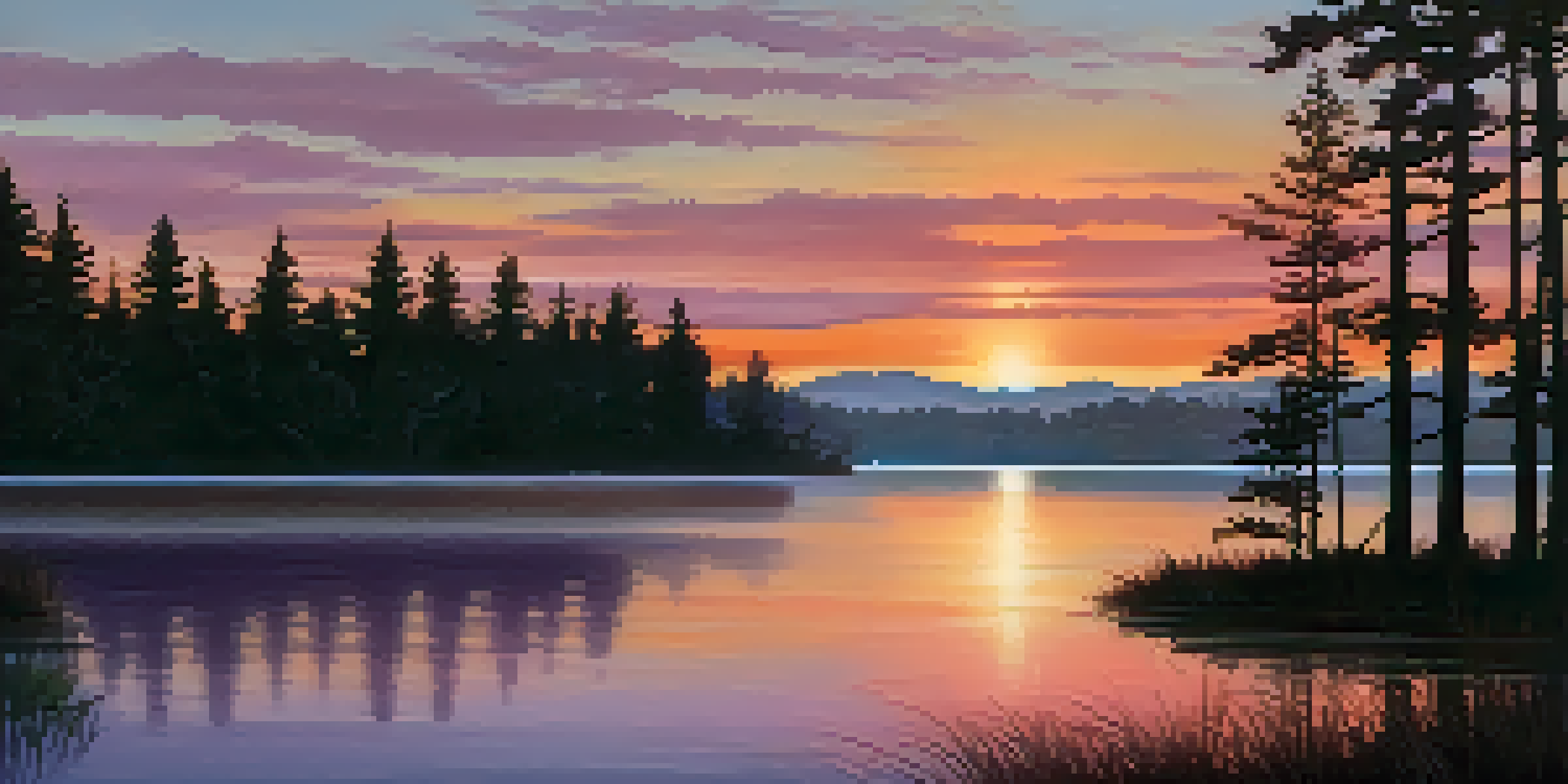 A tranquil sunset over a lake with warm colors reflecting on the water and silhouettes of trees.