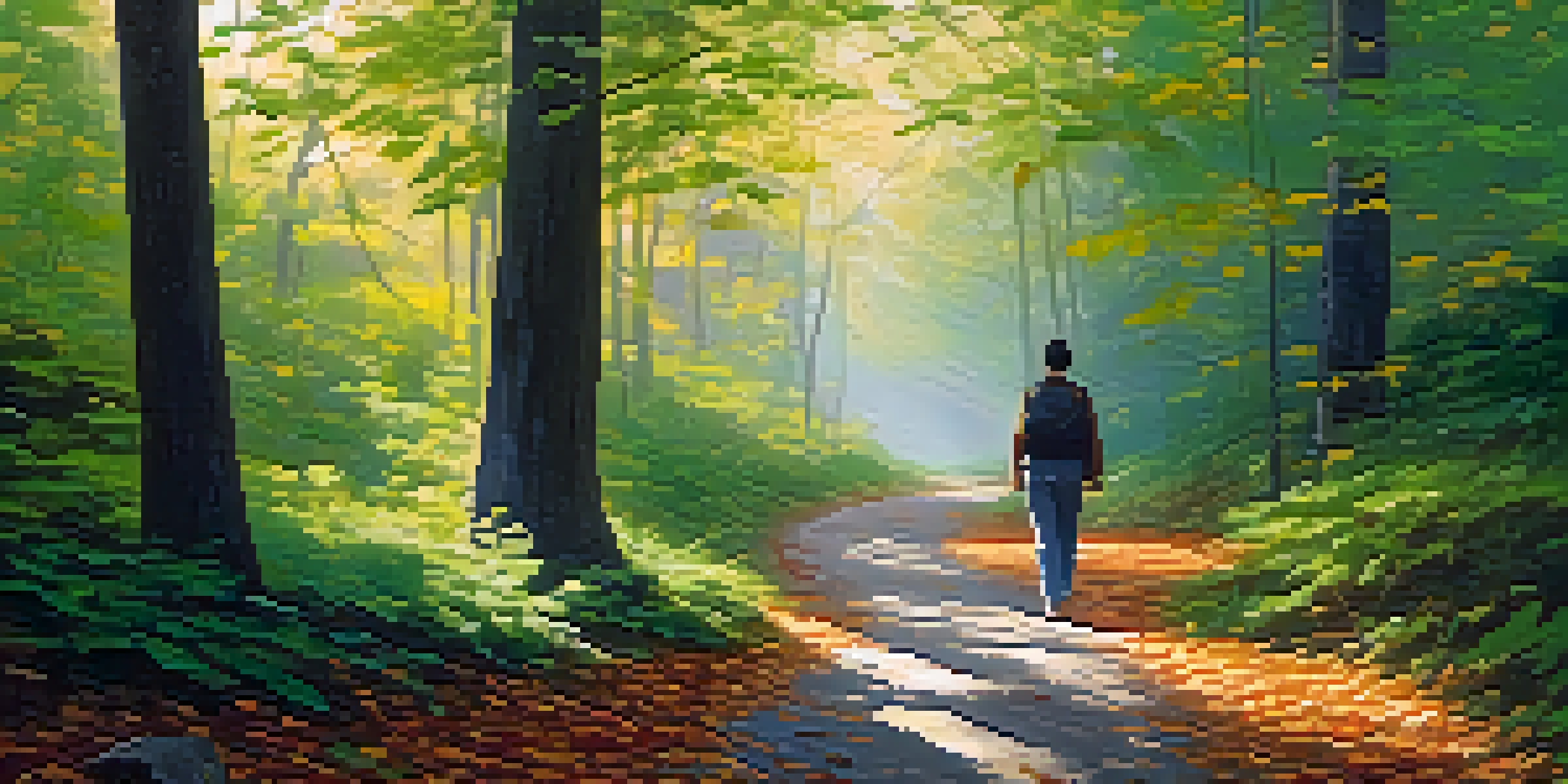 A person practicing walking meditation in a tranquil forest with soft sunlight filtering through trees.