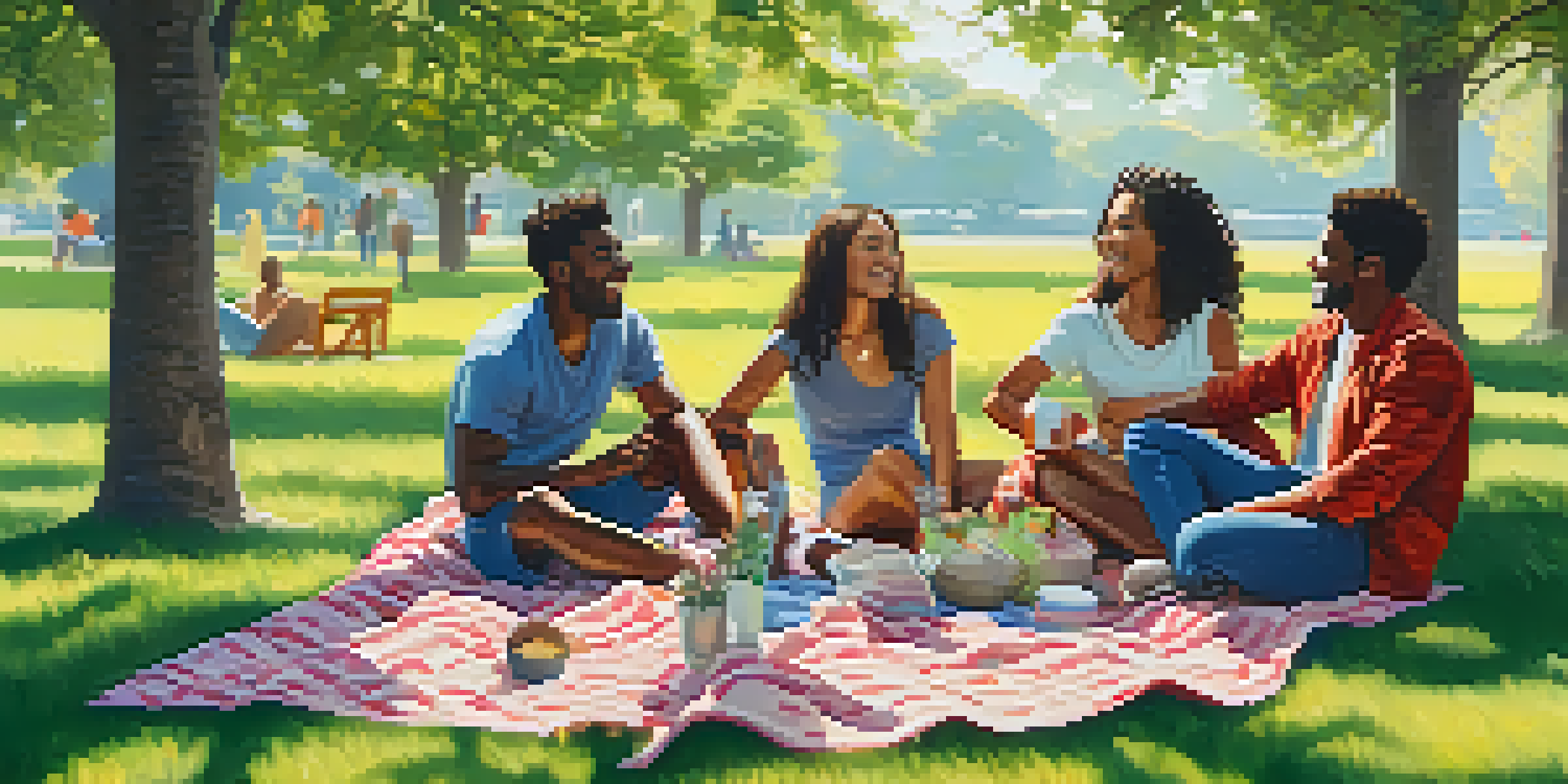 A diverse group of friends enjoying a sunny day in the park, laughing and sharing moments of gratitude.
