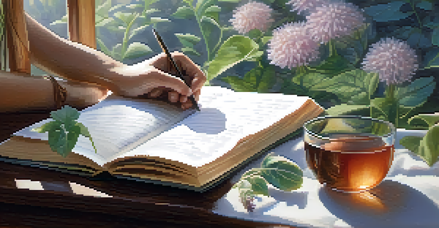 Close-up of hands writing in a journal with a cup of herbal tea, surrounded by nature elements.