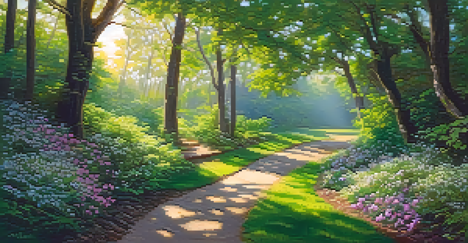 A sunlit forest path surrounded by lush greenery, inviting exploration and a sense of peace.