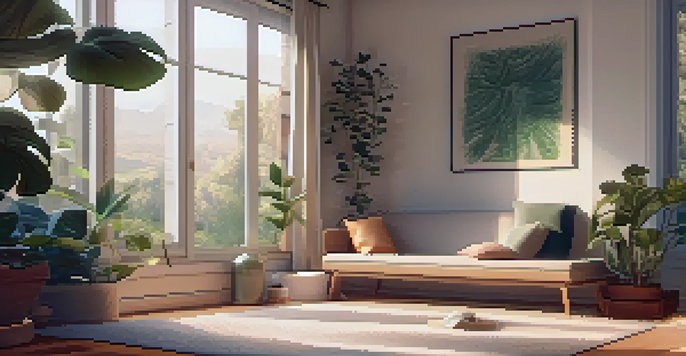 A person meditating in a cozy living room filled with plants and candles, with a smartphone showing a meditation app.