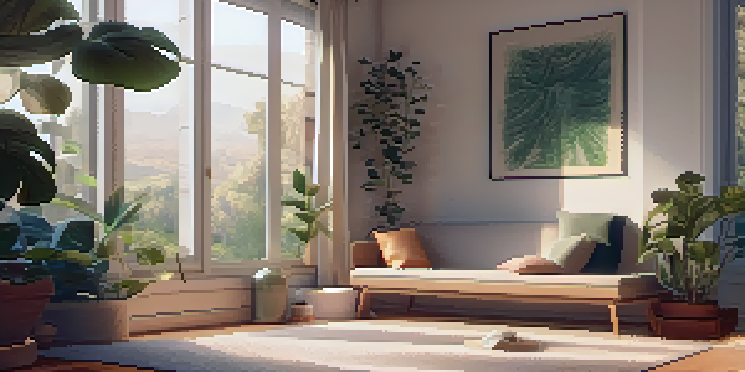 A person meditating in a cozy living room filled with plants and candles, with a smartphone showing a meditation app.