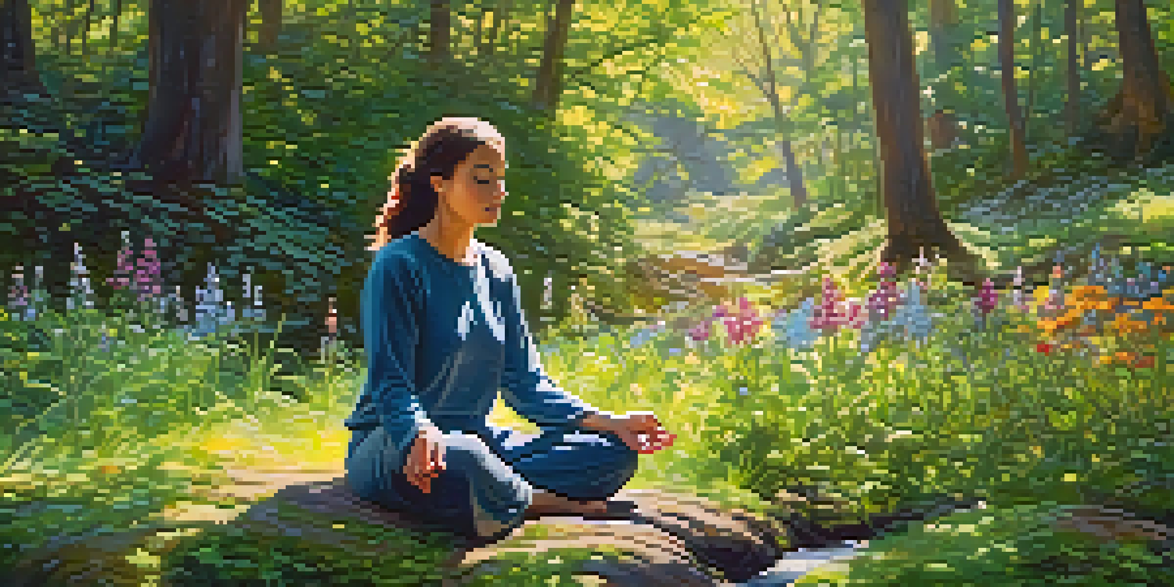 A peaceful person meditating in a sunlit forest with wildflowers and a flowing stream.