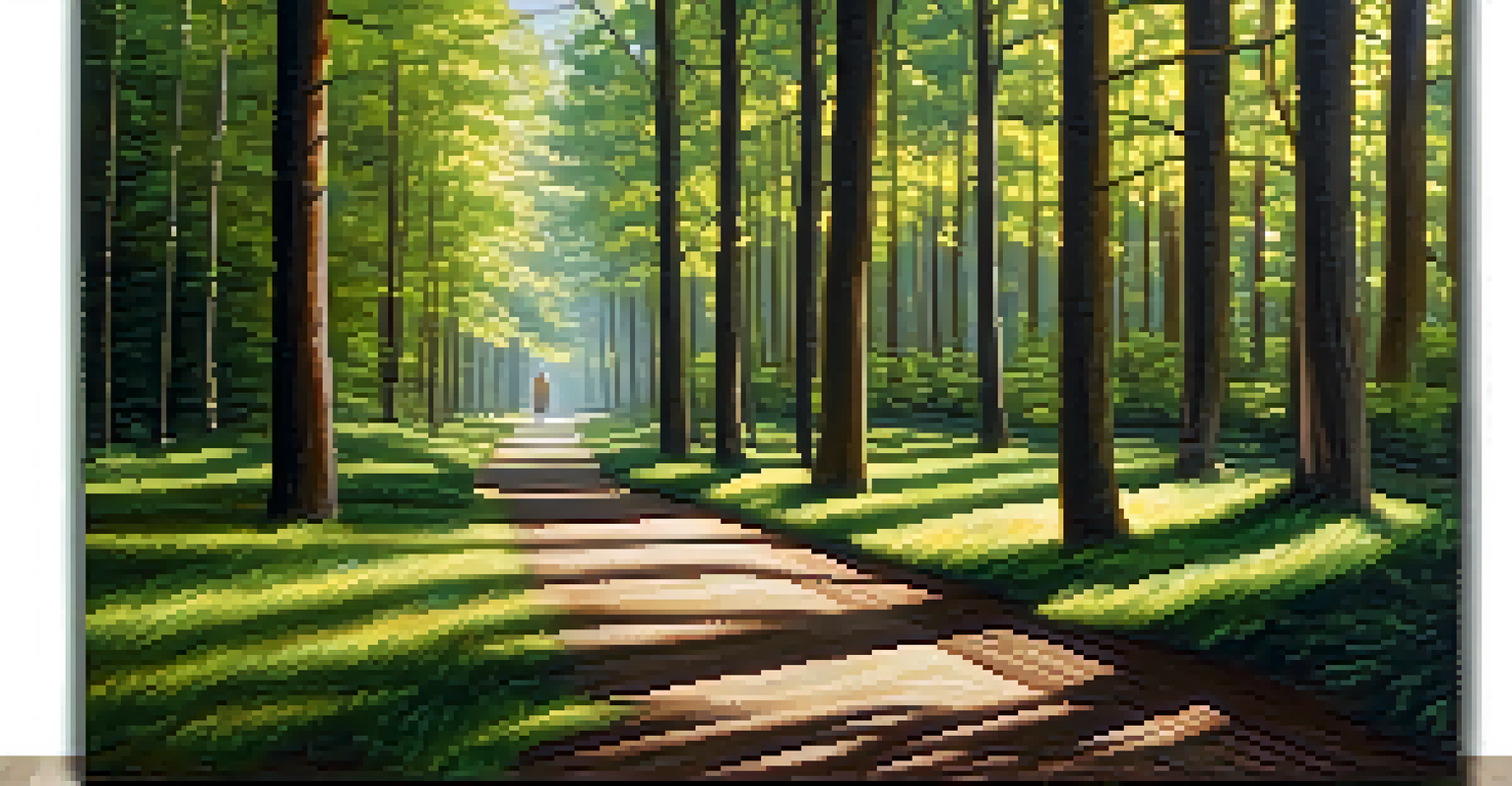A person walking on a forest path, surrounded by tall trees and dappled sunlight.