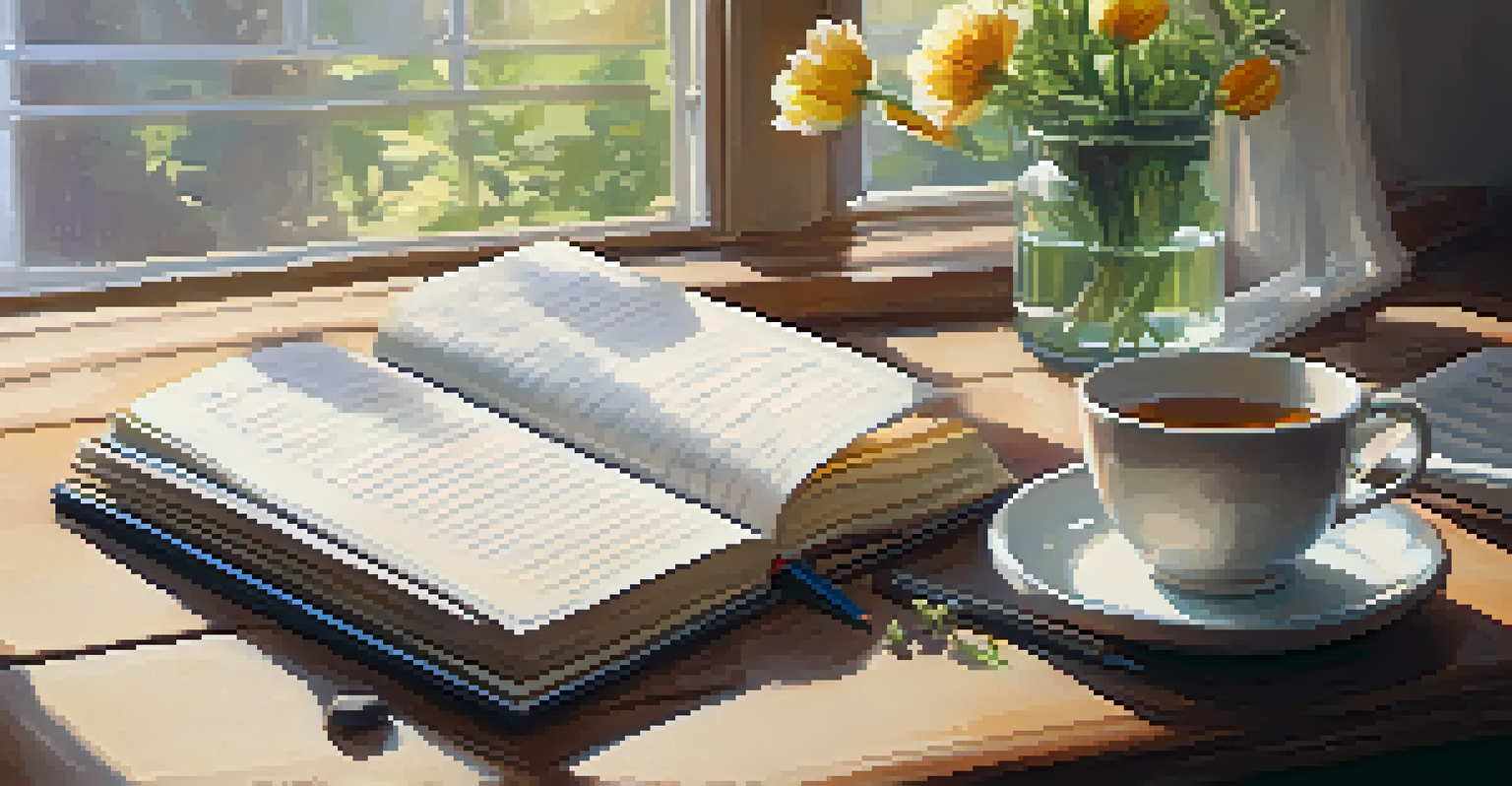 A gratitude journal open on a wooden table, with a cup of tea and flowers, illuminated by soft sunlight.