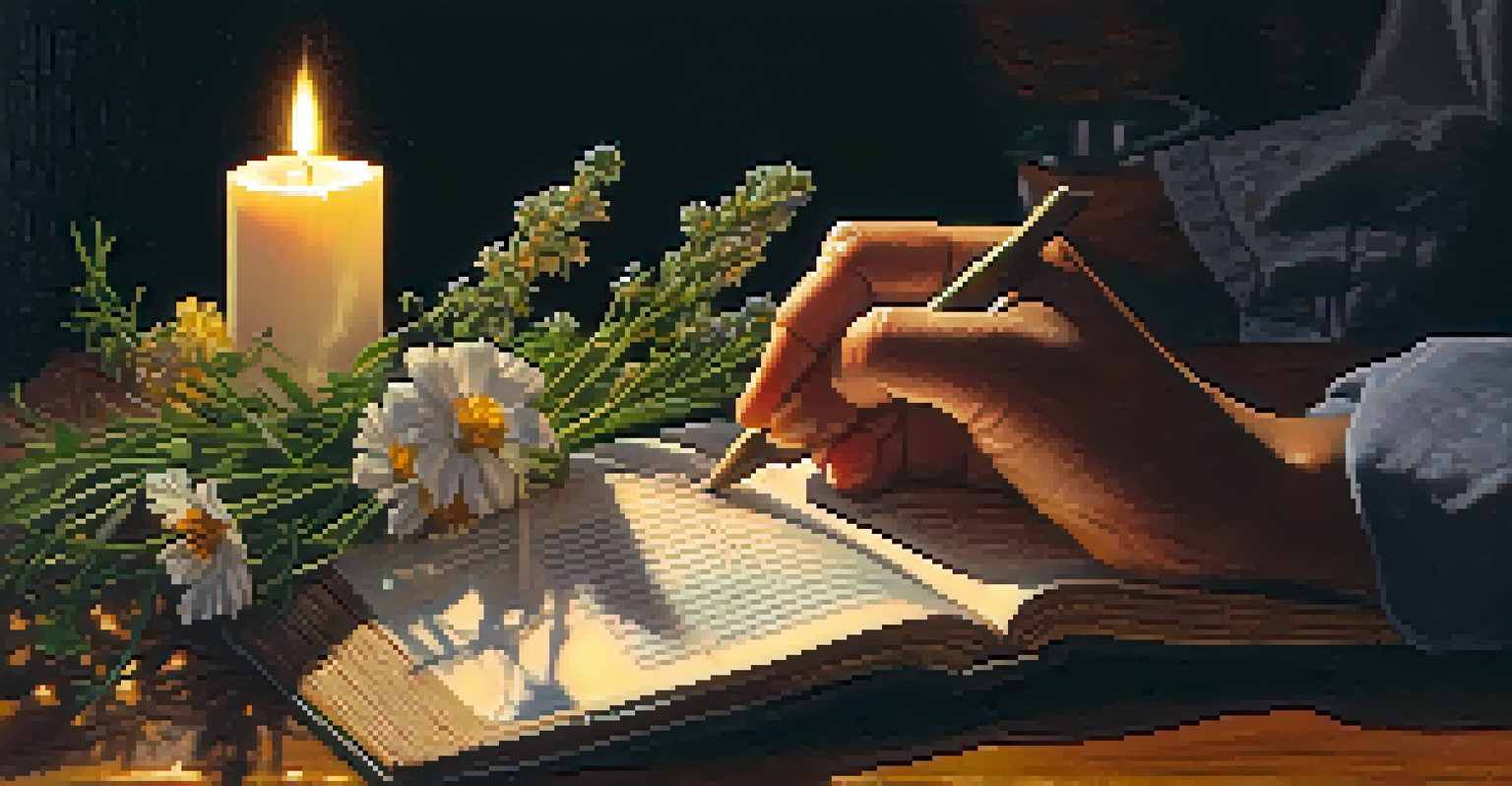 A hand placing a lit candle on an altar with herbs and flowers.