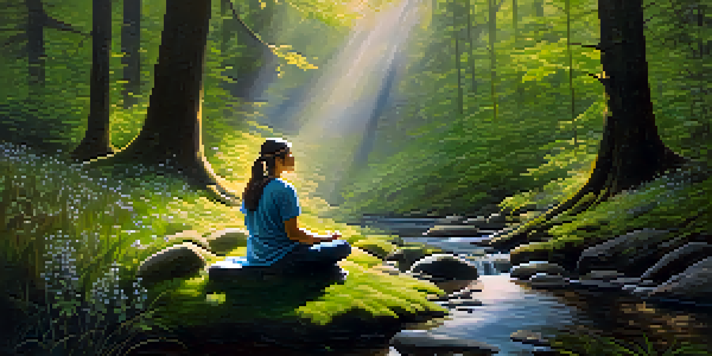A person meditating in a peaceful forest surrounded by sunlight, wildflowers, and a stream.