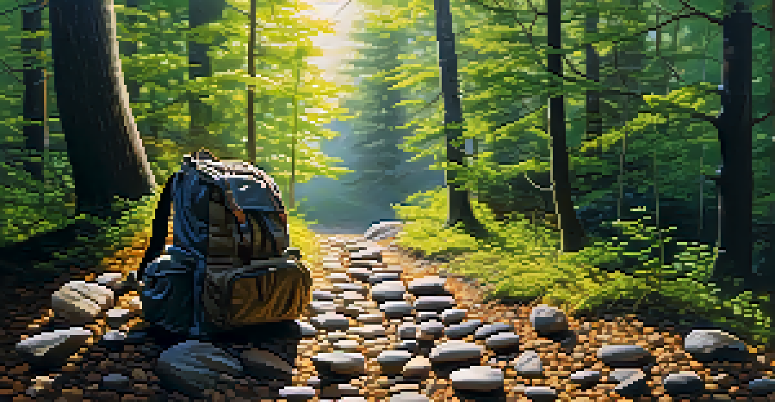 A heavy backpack filled with rocks next to a sunny forest path, symbolizing release and self-forgiveness.