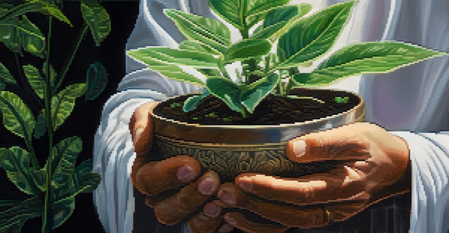 A close-up of a spiritual leader's hands holding a small plant, symbolizing growth and nurturing, with a soft green background.