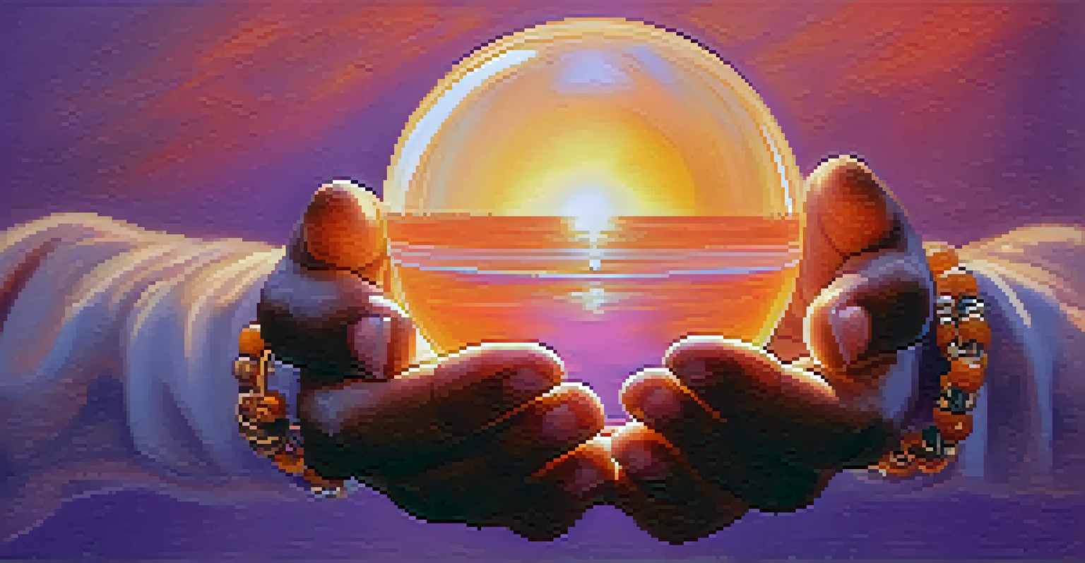 Hands holding a glowing orb of light against a blurred sunset background, symbolizing self-discovery.