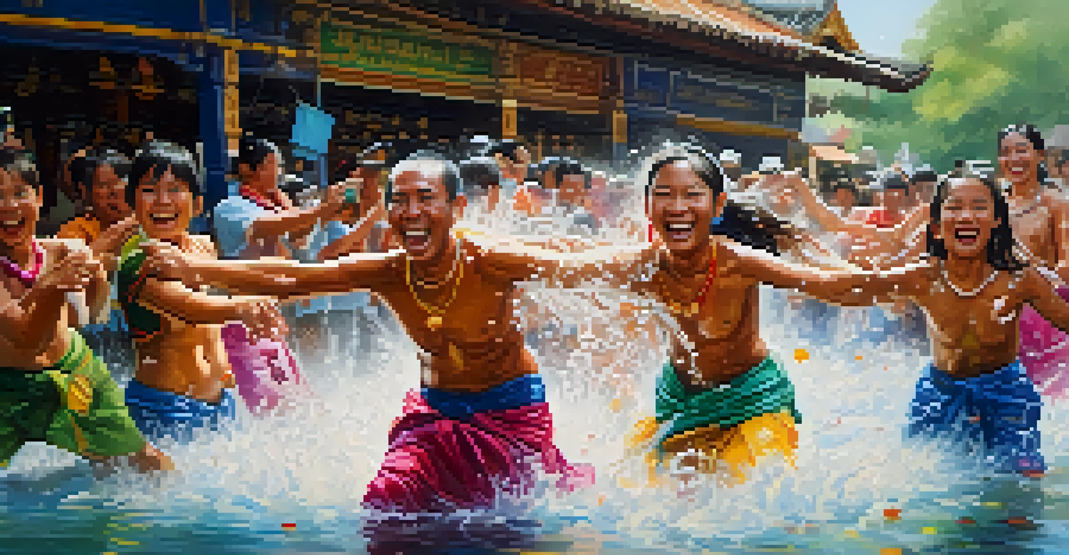 People celebrating the Songkran Festival in Thailand, splashing water and wearing colorful traditional clothing, representing joy and community.