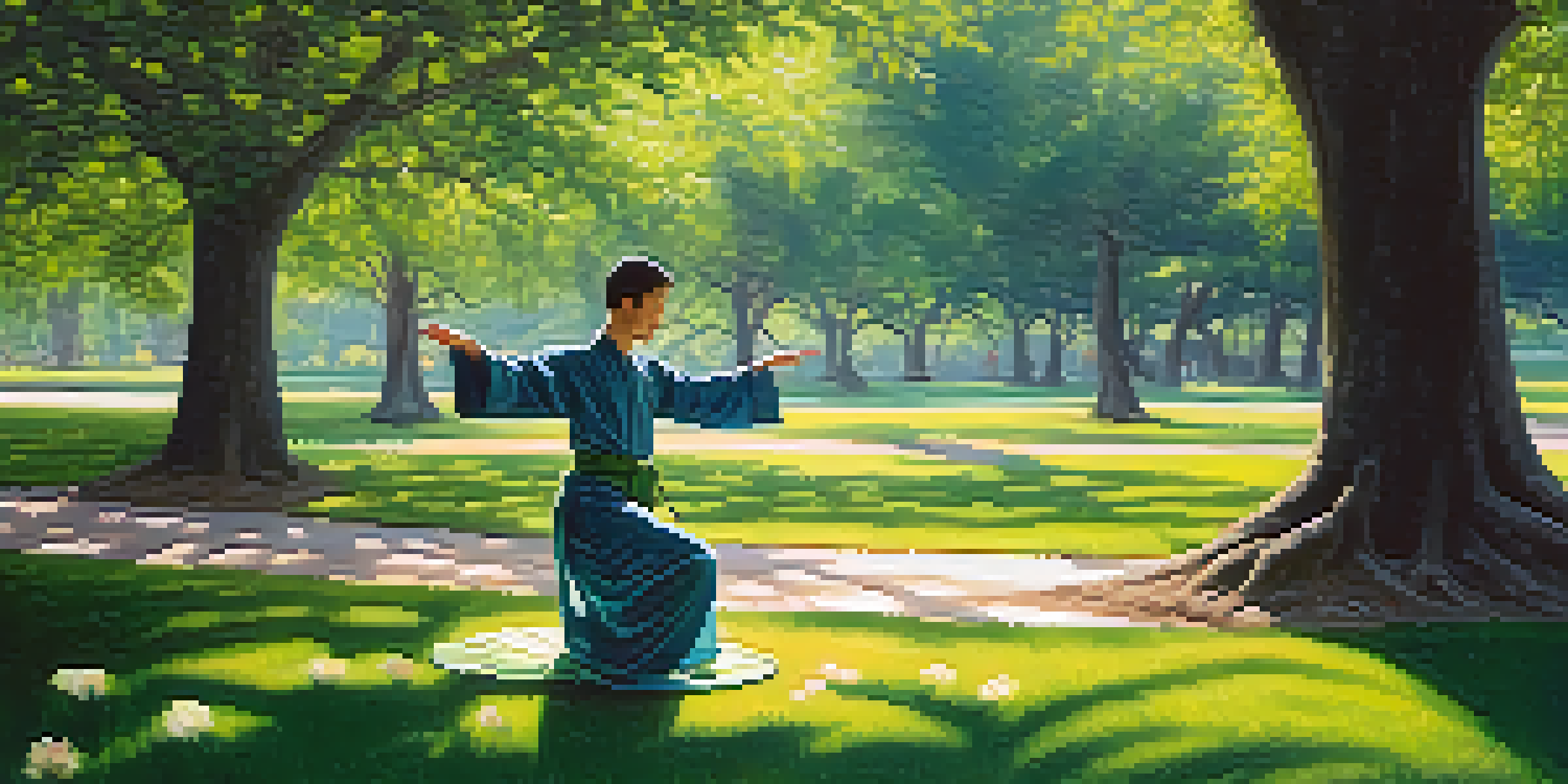A person practicing Qigong in a peaceful park, surrounded by trees and flowers, with sunlight filtering through the leaves.