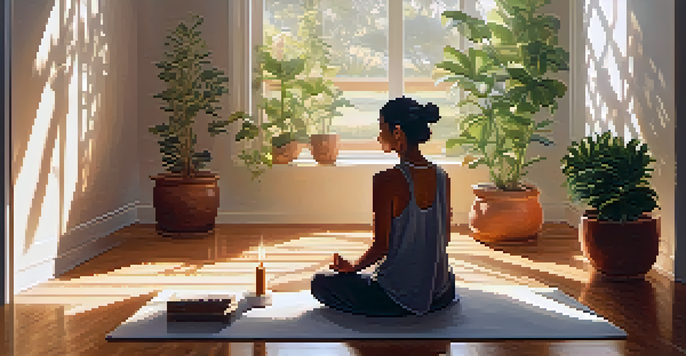 A peaceful meditation scene with a person sitting cross-legged on a mat in a sunlit room, surrounded by plants and a candle.