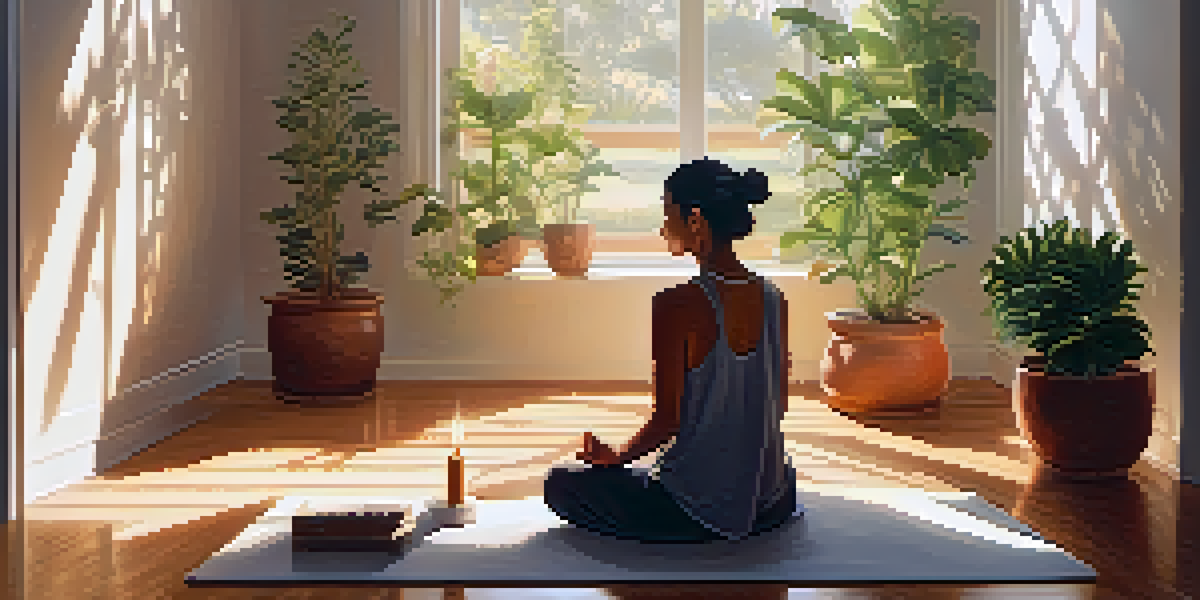 A peaceful meditation scene with a person sitting cross-legged on a mat in a sunlit room, surrounded by plants and a candle.