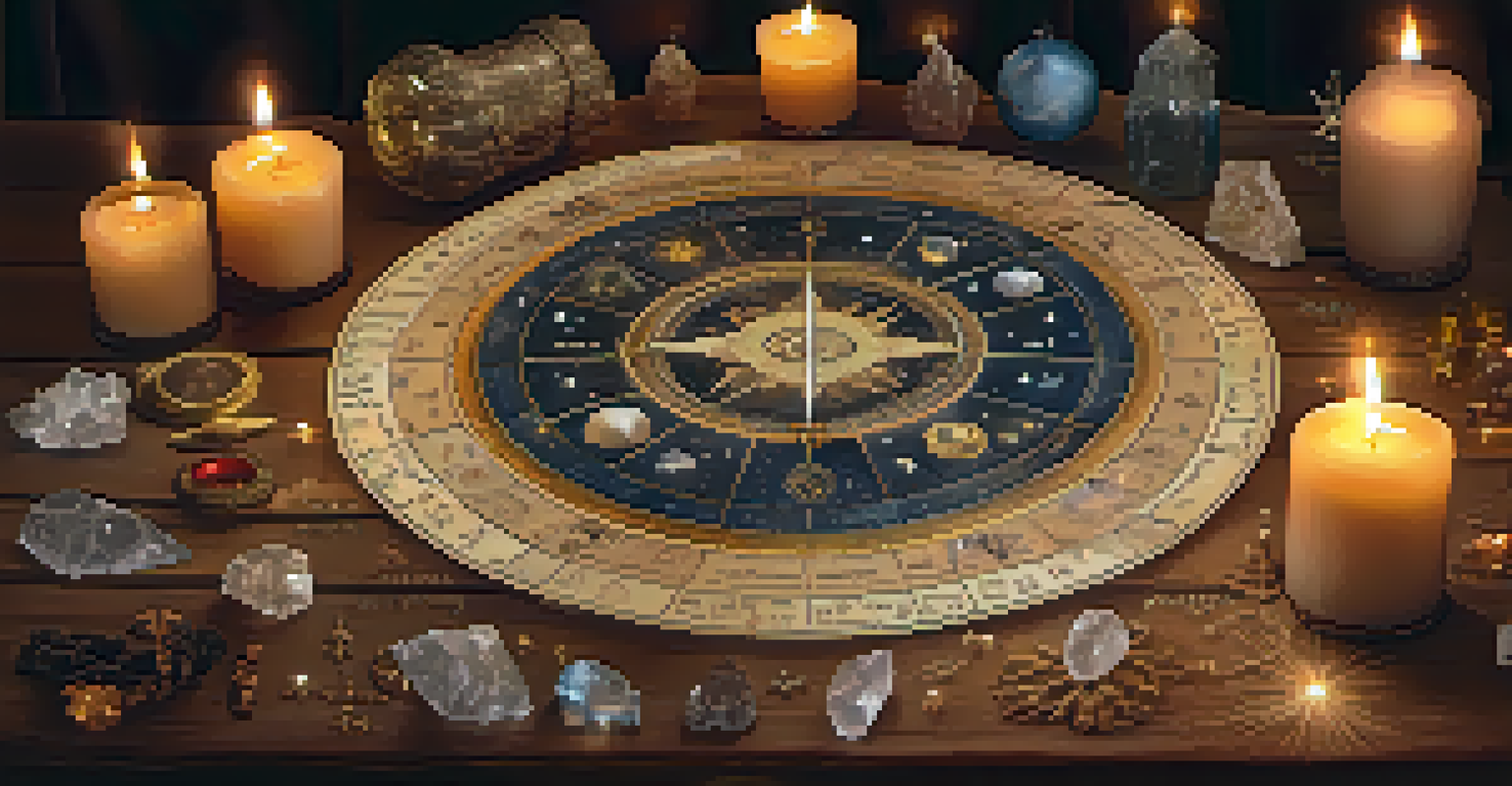 An astrological chart on a wooden table with crystals, candles, and a compass, illuminated by soft candlelight.