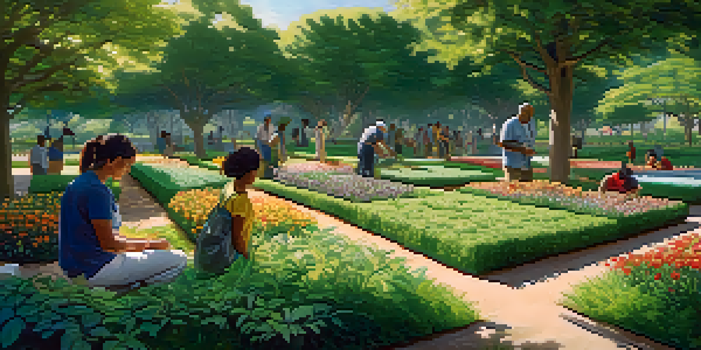 A diverse group of people planting trees in a vibrant garden under a clear blue sky, with sunlight filtering through the leaves.