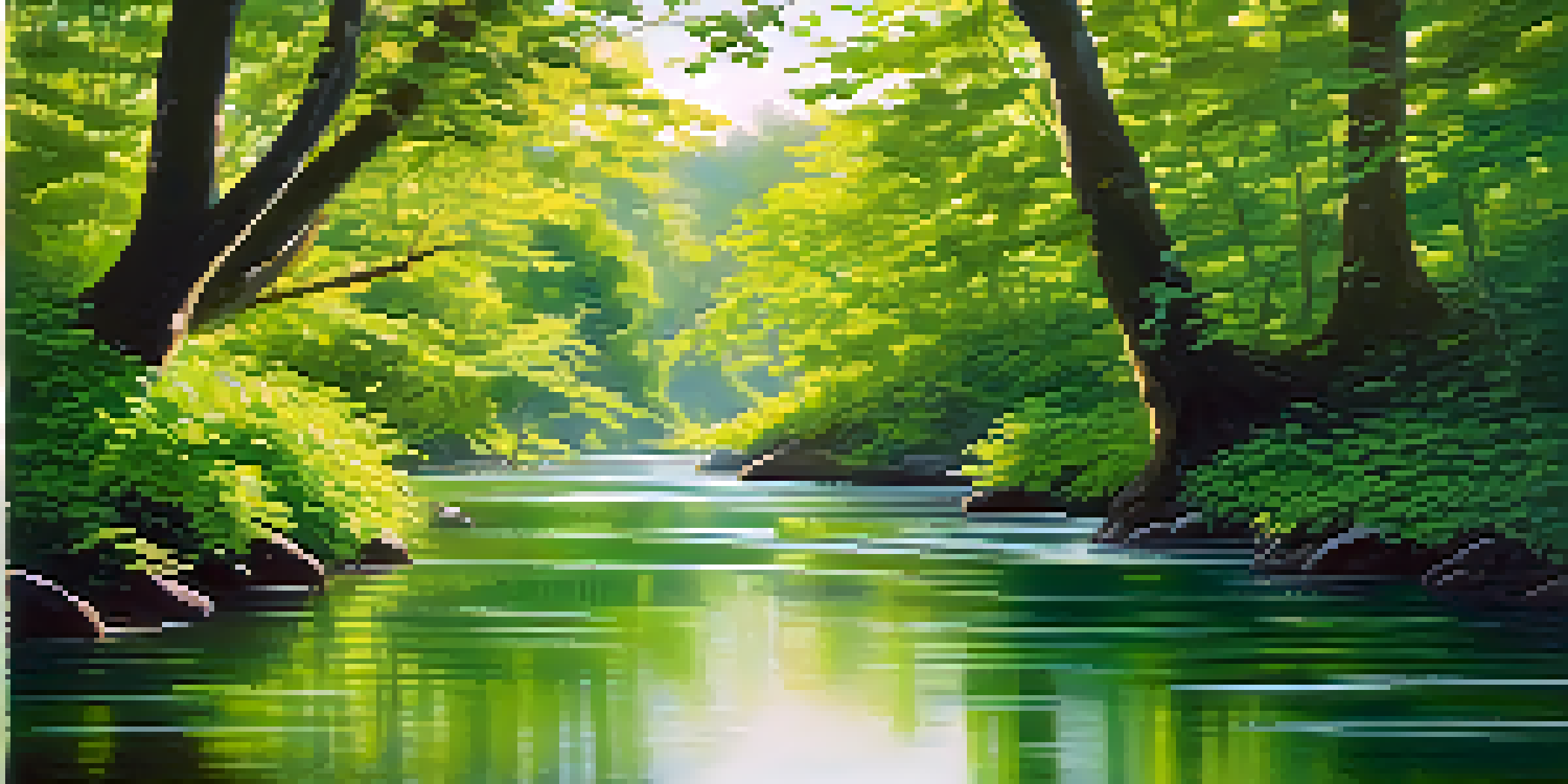 A tranquil river flowing through a green landscape with sunlight filtering through trees, representing the theme of letting go.