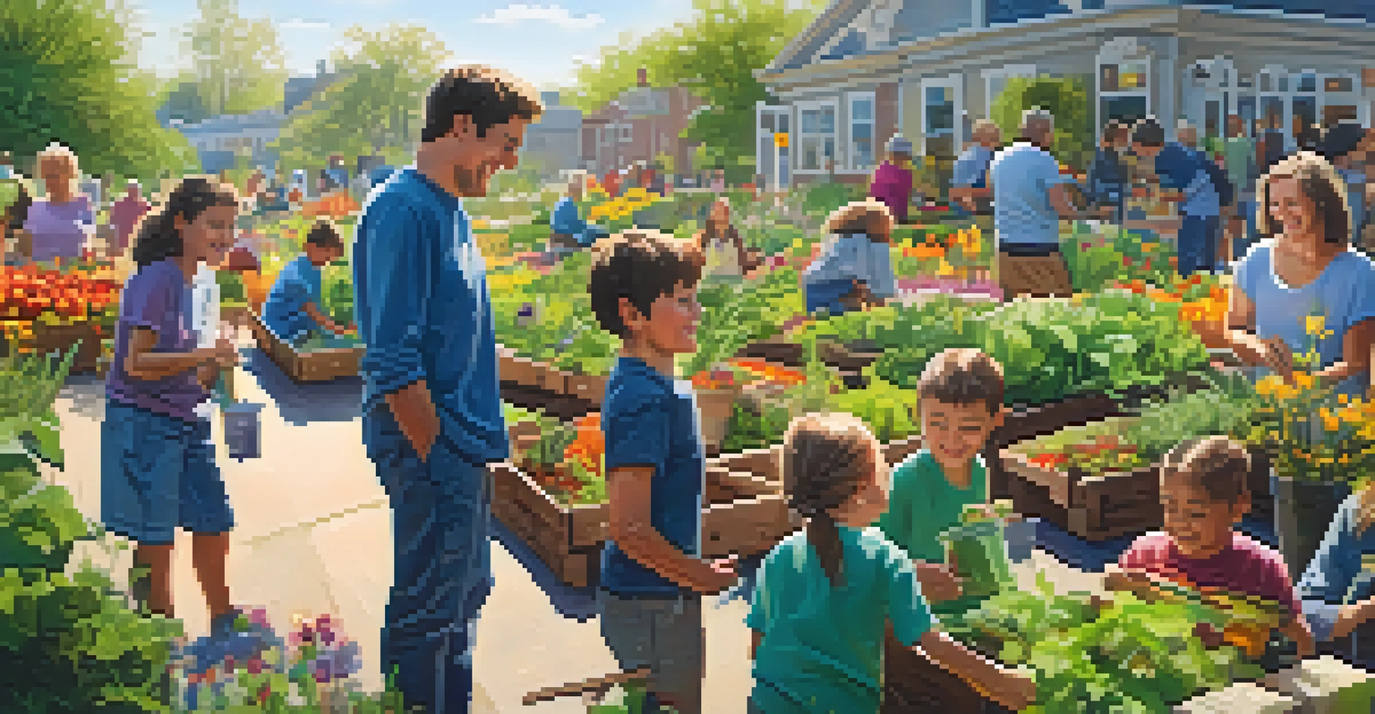 A lively community garden where diverse people are planting together, surrounded by colorful flowers and greenery.