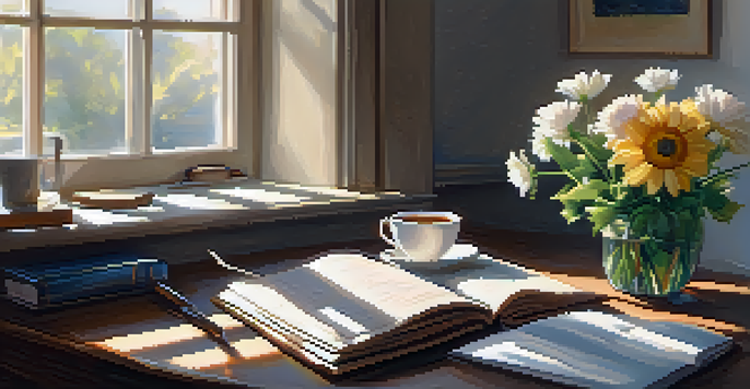 A cozy desk by a window with a journal and a cup of tea, bathed in sunlight, symbolizing serenity and reflection.