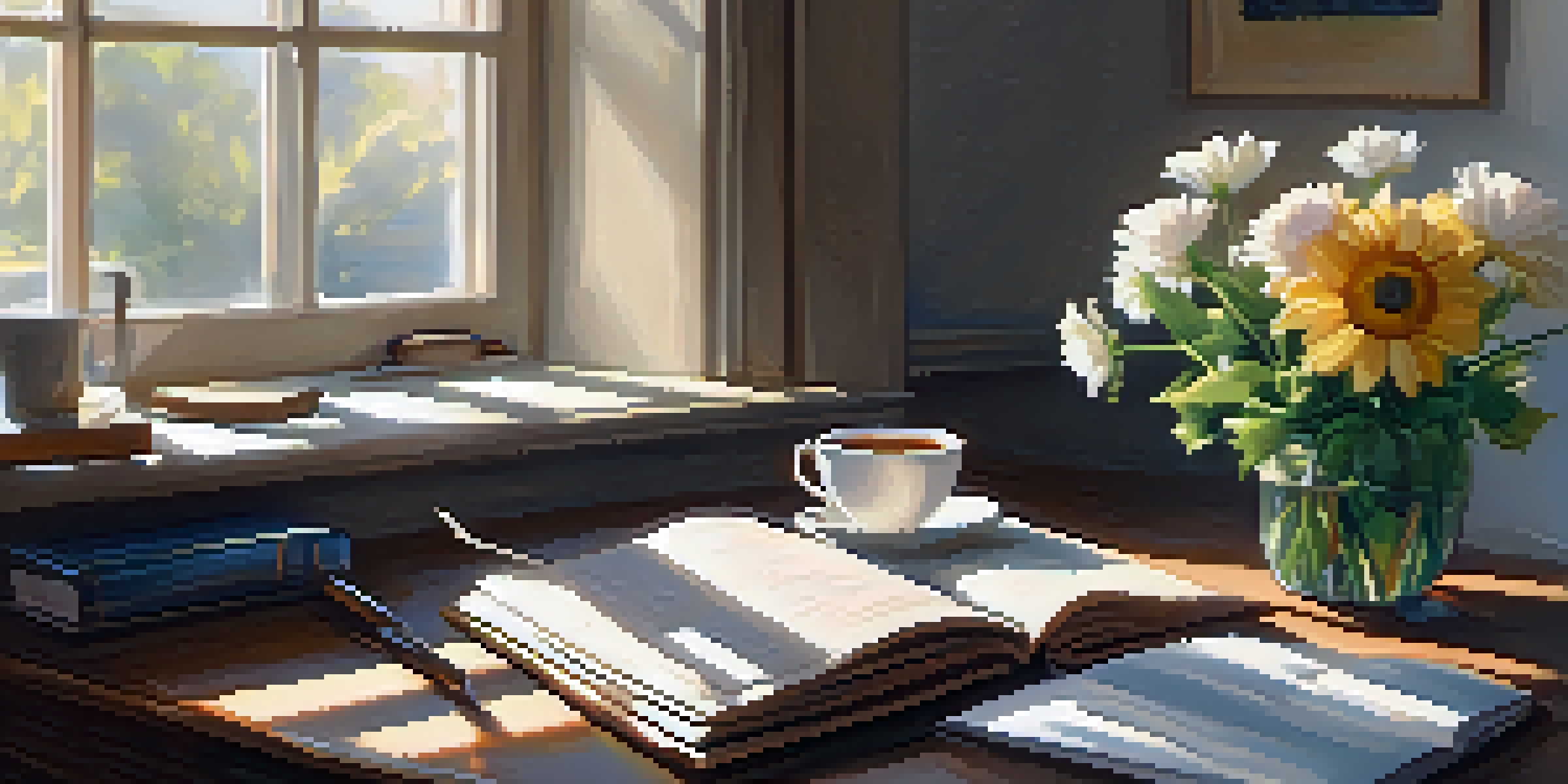 A cozy desk by a window with a journal and a cup of tea, bathed in sunlight, symbolizing serenity and reflection.