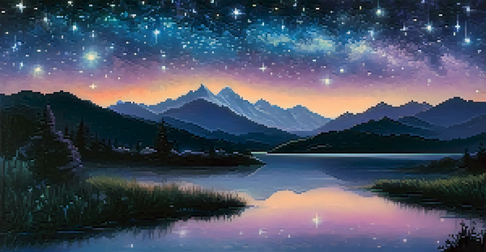 A tranquil night scene featuring the Milky Way galaxy with a river of stars over a mountain landscape and a reflective lake.