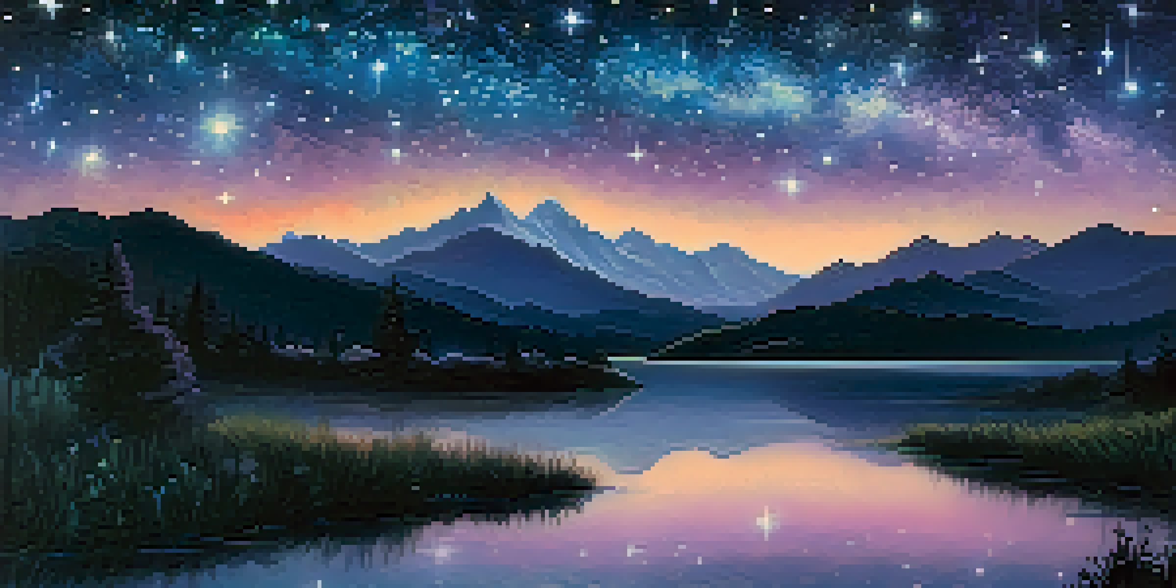 A tranquil night scene featuring the Milky Way galaxy with a river of stars over a mountain landscape and a reflective lake.