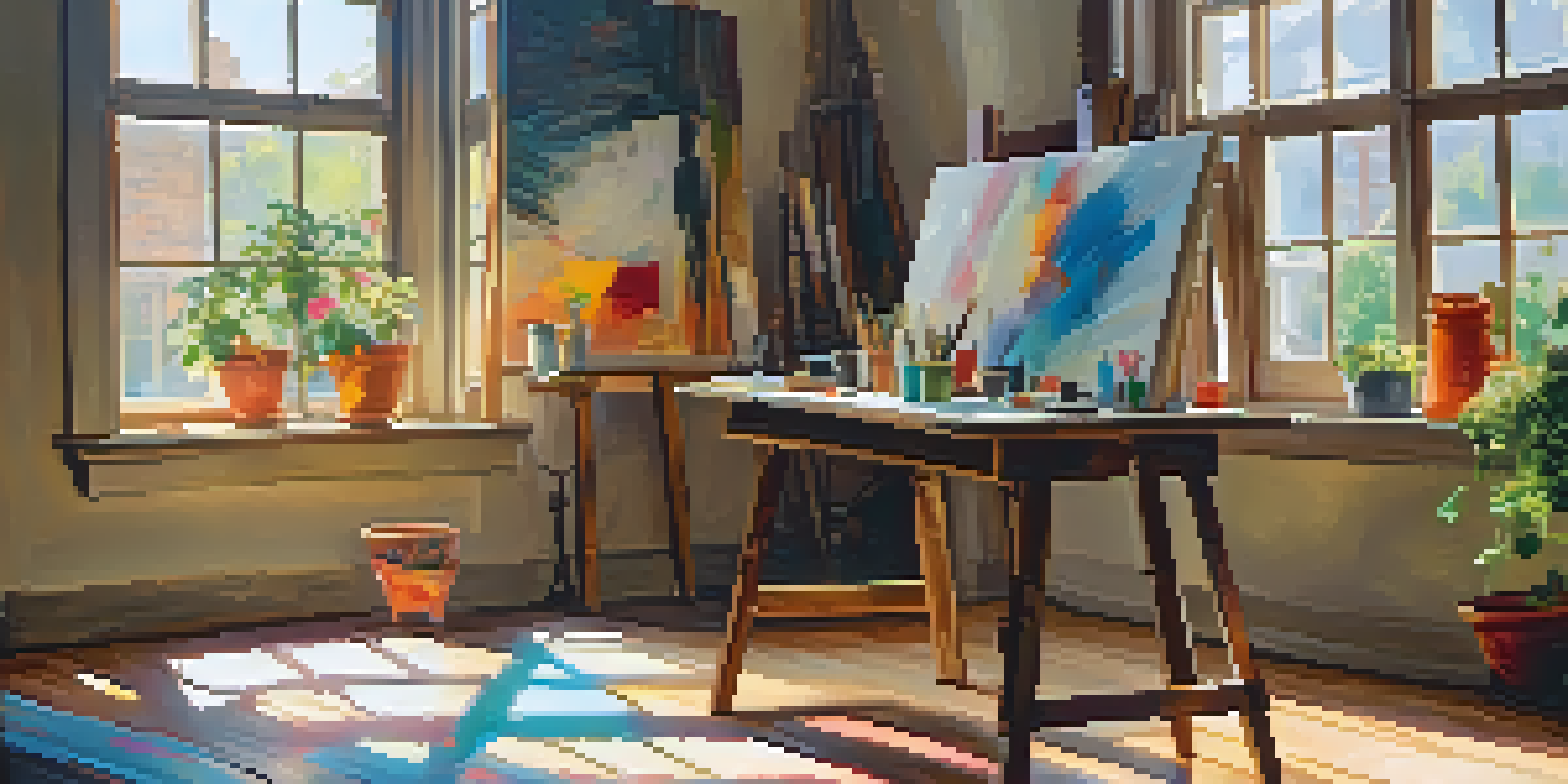 A bright and inviting artist's studio with a colorful canvas, paintbrushes on a table, and sunlight streaming through a window.