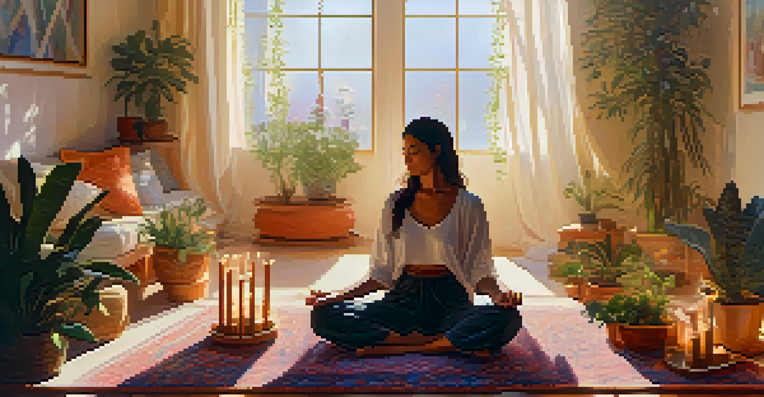 A cozy meditation room with plants and cushions, featuring a person meditating on a rug surrounded by candles and crystals.
