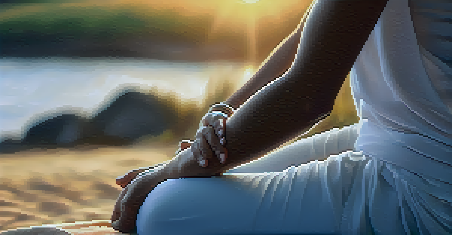Close-up of hands in a meditation pose, with a soft-focus nature background and warm sunlight.