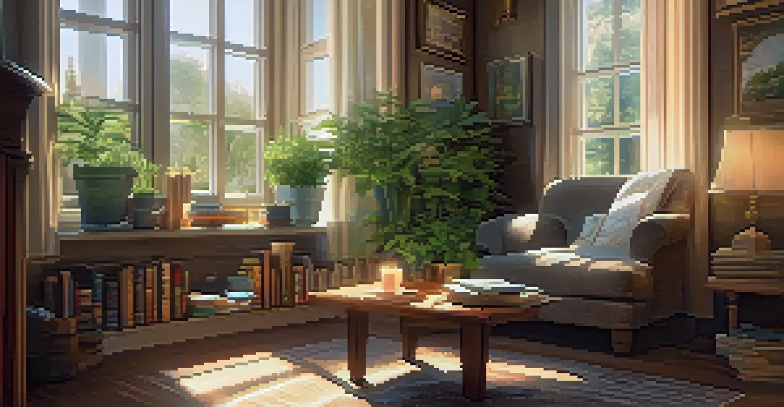 A cozy reading nook with a plush chair, spiritual books, and sunlight streaming through a window.