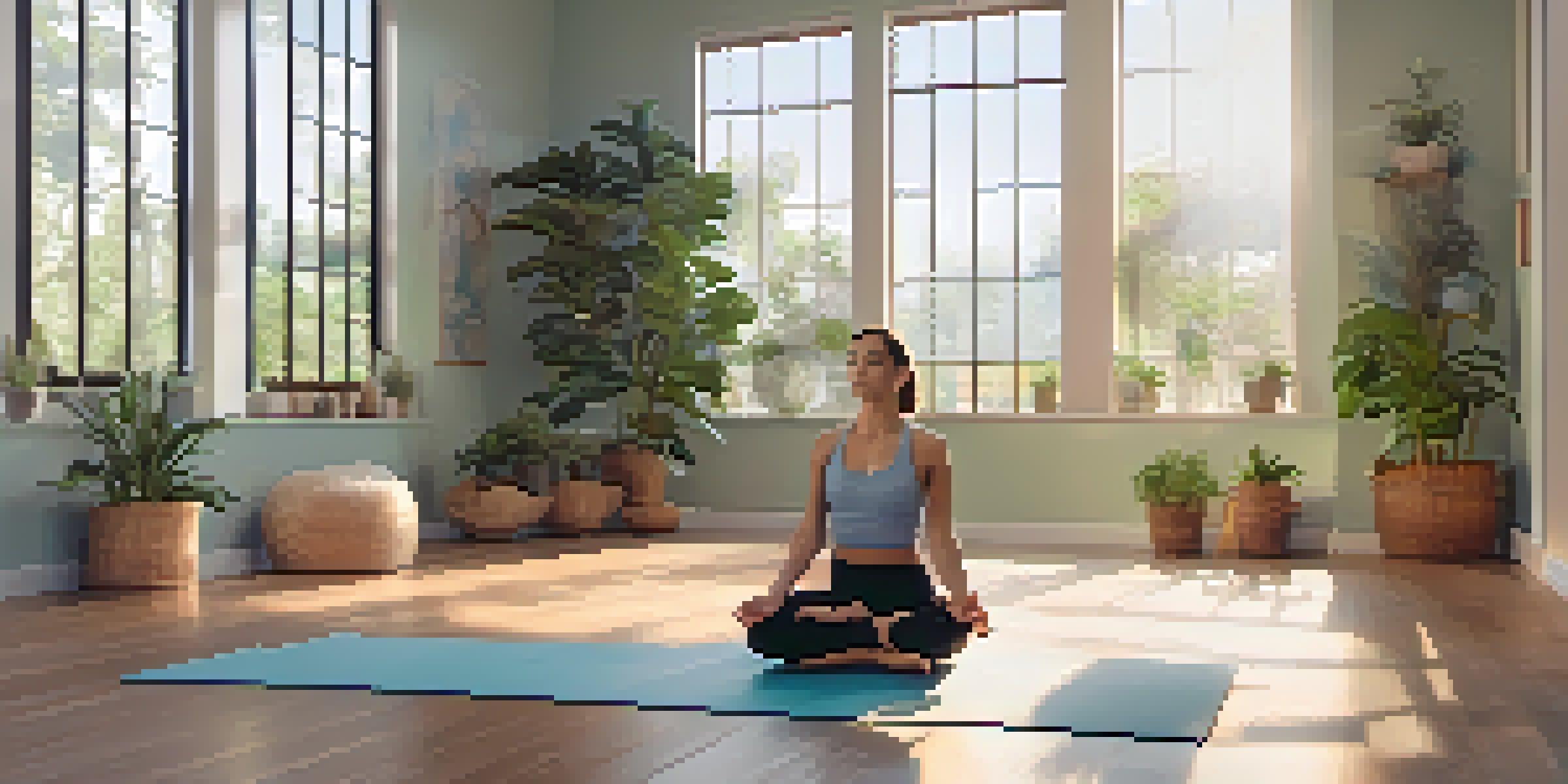 A peaceful yoga studio with a person lying on a yoga mat in a state of relaxation, surrounded by plants and gentle lighting.