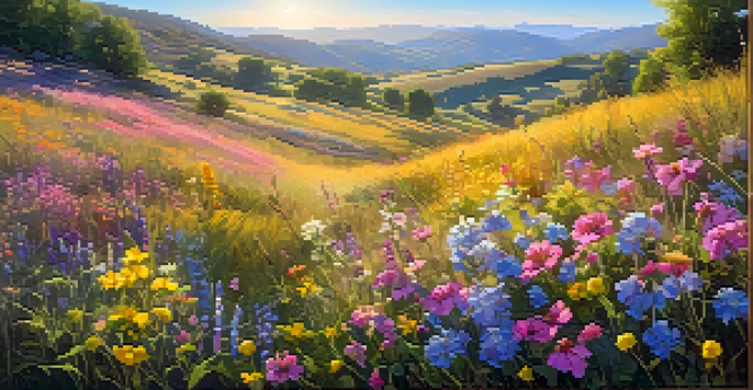 A colorful meadow filled with wildflowers under golden sunlight, with rolling hills and a clear blue sky in the background.