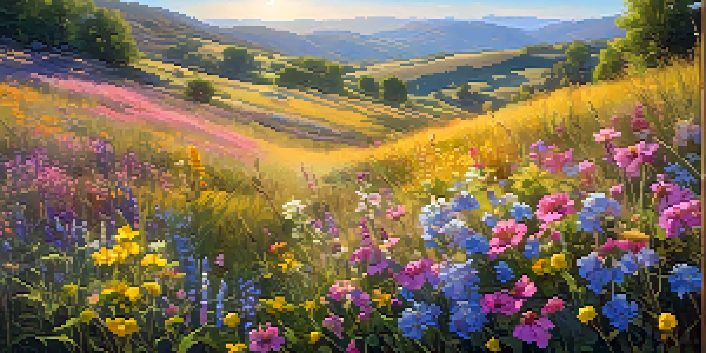A colorful meadow filled with wildflowers under golden sunlight, with rolling hills and a clear blue sky in the background.