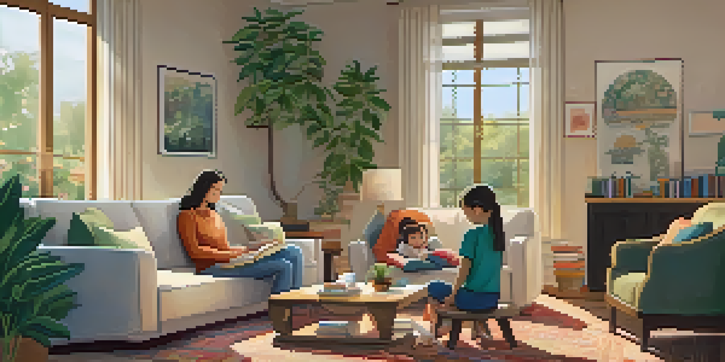 A family practicing mindfulness together in a cozy living room, with warm light and comfortable surroundings.