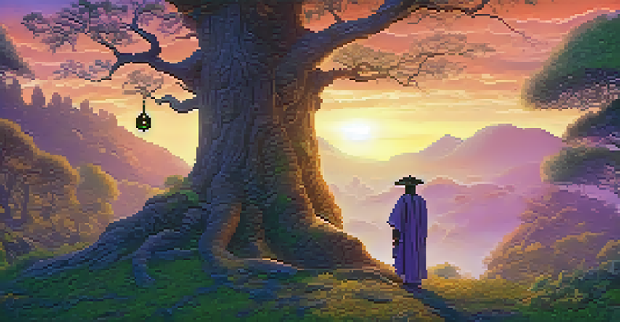 A shaman in traditional clothing performing a ritual in a tranquil forest at dusk, with glowing orbs and a colorful sunset.