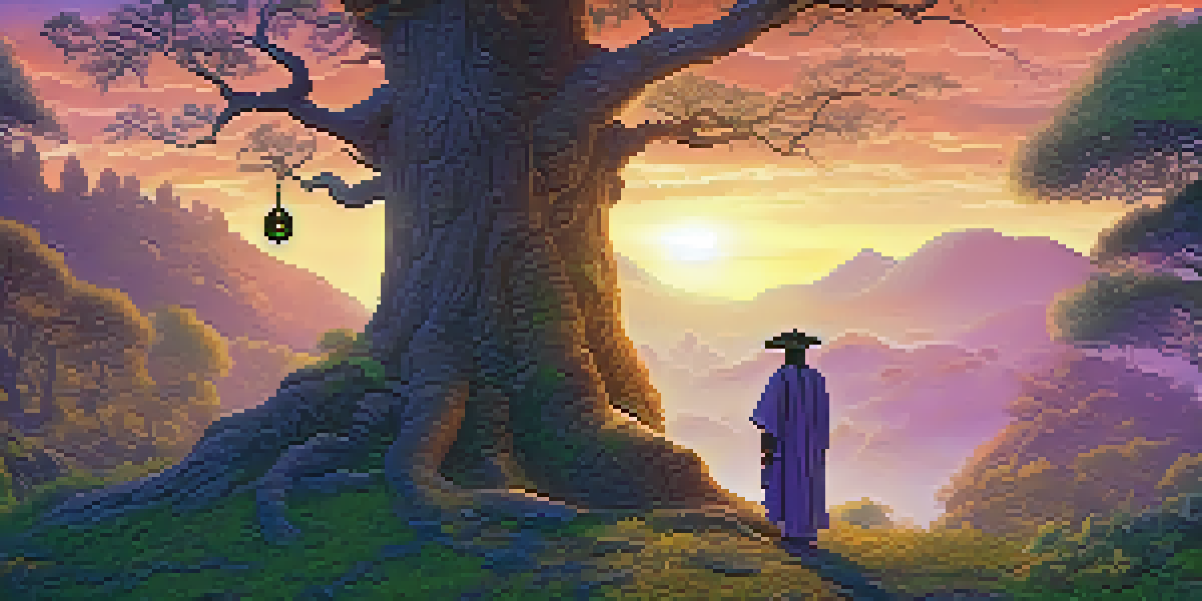 A shaman in traditional clothing performing a ritual in a tranquil forest at dusk, with glowing orbs and a colorful sunset.