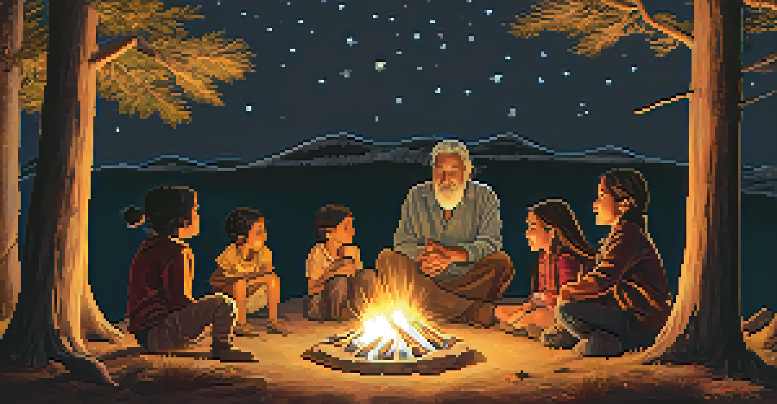 An Indigenous elder telling stories by a campfire to children, with a starry sky and trees in the background, highlighting the importance of oral traditions.