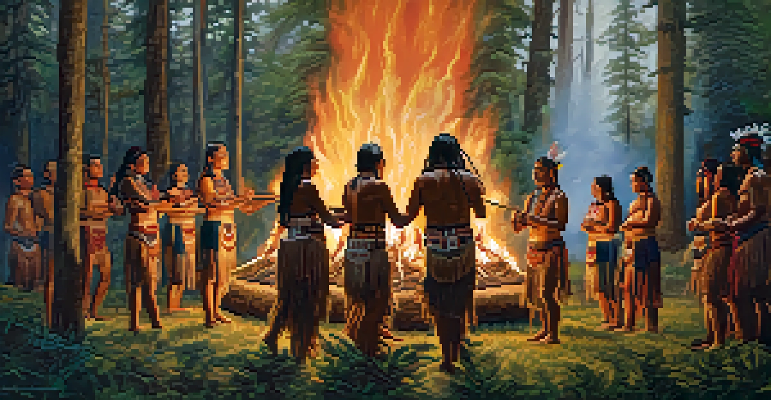 Participants in traditional attire dancing around a sacred fire in a lush forest, honoring nature in a Native American ceremony.