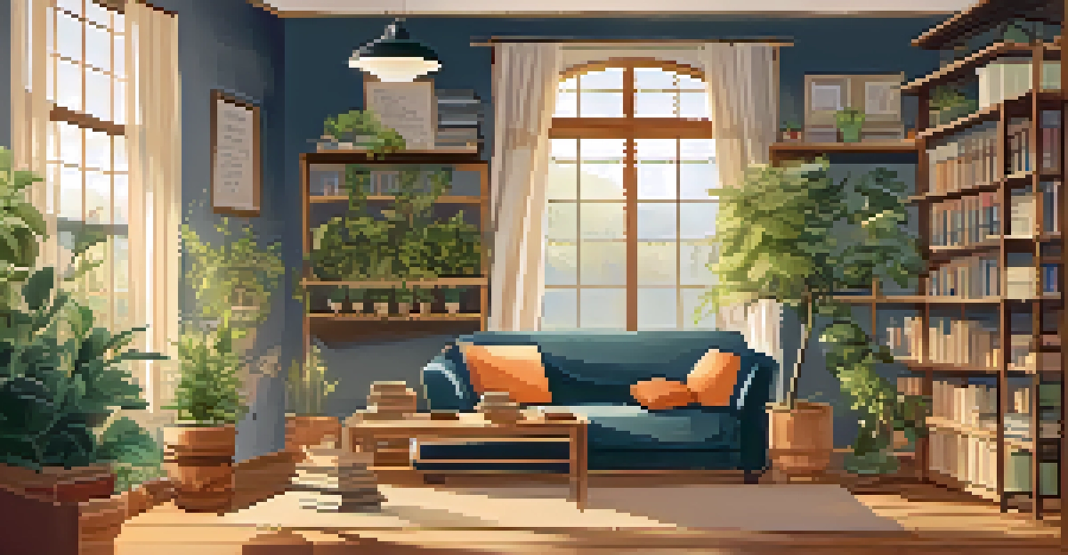 A warm indoor reading nook with cushions, a cup of tea, and a journal, surrounded by plants and inspirational quotes.