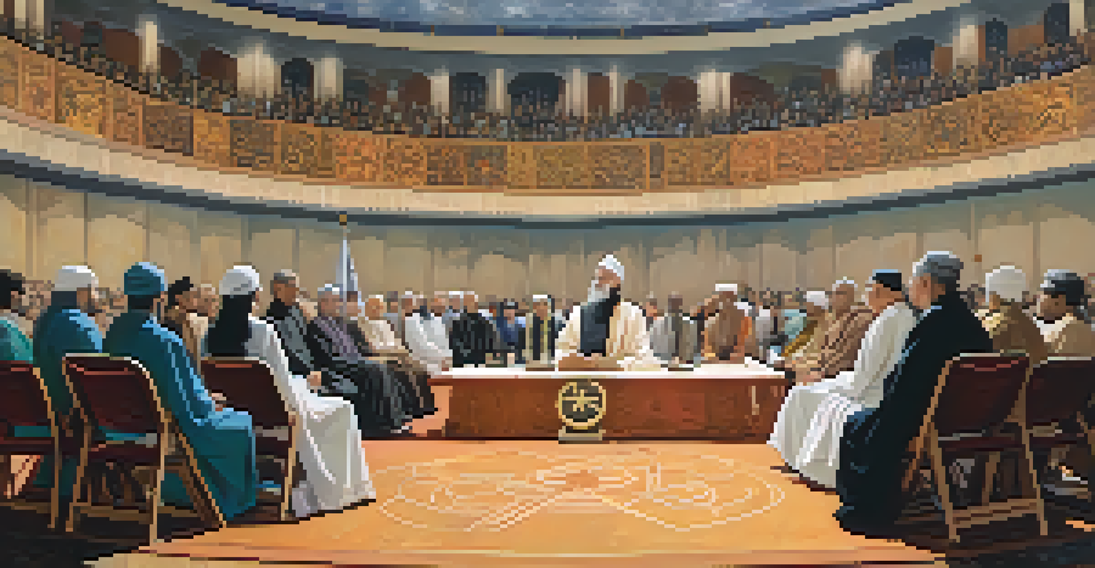 An interfaith panel discussion on stage with diverse speakers and an engaged audience in a large auditorium.